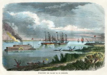Dampfschiff und Schlepper auf dem Mississippi, USA, um 1875