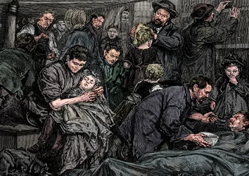 Zwischendeck-Passagiere auf einem Atlantikdampfer nach Amerika, ca. 1850