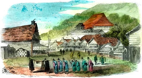 Straße in Hakodate und Trauerzug, Japan, 1856