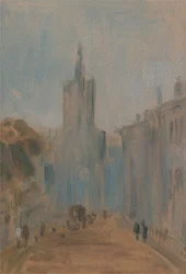 Straße mit Kirche und Figuren