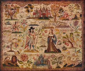 Stumpwork-Panel: die Figuren Mars und Venus, ca. 17. Jahrhundert