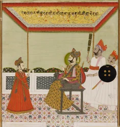 Surat Singh sitzt auf einem löwenarmigen Thron und empfängt seinen jungen Sohn, ca. 1800