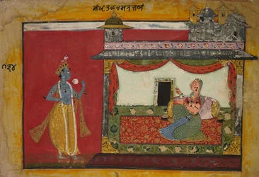 Das Herannahen von Krishna. Seite aus einer Rasamanjari