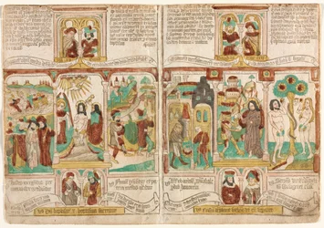 Die Bibel der Armen Biblia Pauperum, Pharaos Armee ertrinkt im Roten Meer..., 1450-1465