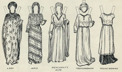 Die Große Galerie der britischen Kostüme: Verschiedene Kleider aus der normannischen Zeit, um 1934