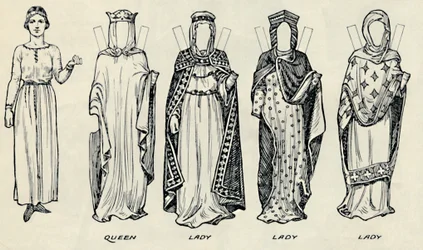 Die große Galerie der britischen Kostüme: Verschiedene Kleider aus der normannischen Zeit, ca. 1934