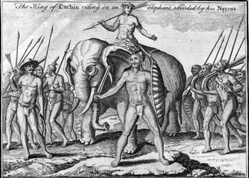 Der König von Cochin reitet auf einem Elefanten, begleitet von seinen Nayros, um 1745