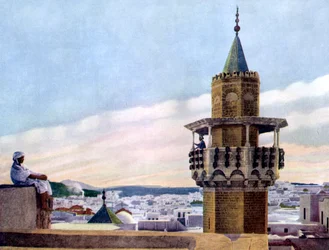 Der Muezzin in seinem Minarett ruft die Gläubigen zum Gebet, 1926