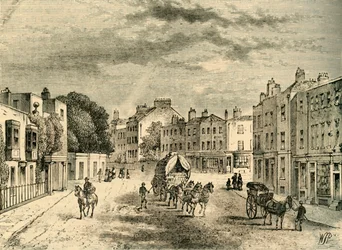 Das alte Dorf Vauxhall mit Eingang zu den Gärten, 1825, um 1878