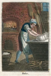 Der Bäcker knetet Teig auf dem Deckel eines Mehlbehälters, 1823