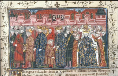 Die Krönung Philipps II. August in Anwesenheit Heinrichs II. von England, aus den Chroniques de France ou de St Denis, nach 1380