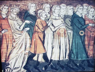 Die Vertreibung der Juden aus Frankreich im Jahr 1182. Eine Miniatur aus den Grandes Chroniques de France, 1320er Jahre