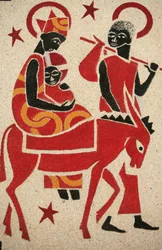 Die Flucht nach Ägypten, Fresko in der Abteikirche Keur Moussa, entworfen und gemalt 1963 von Dom Georges Saget, Keur Moussa, Senegal