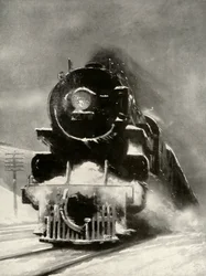 Die Wut des Schneesturms beeindruckt diese riesige Lokomotive nicht, 1935
