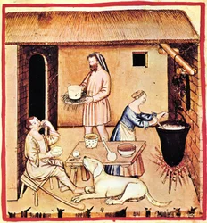 Die Käseproduktion. Eine Miniatur aus Tacuinum Sanitatis, zweite Hälfte des 14. Jahrhunderts