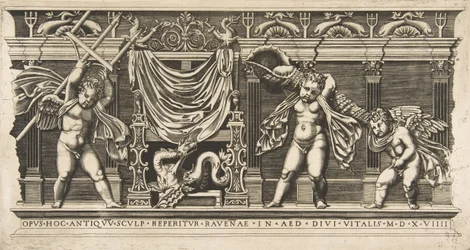 Drei Putten vor einer Fassade mit Pilastern, eine hält einen Dreizack, ca. 1515-1600