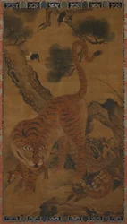 Tiger mit Jungen und Elstern