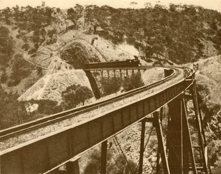 Zug überquert Viadukt, Mount Lofty Range, Südaustralien, 1930
