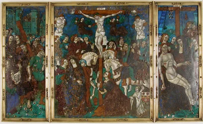 Triptychon mit dem Weg nach Golgatha, Kreuzigung und Abnahme vom Kreuz, Französisch, 16. Jahrhundert