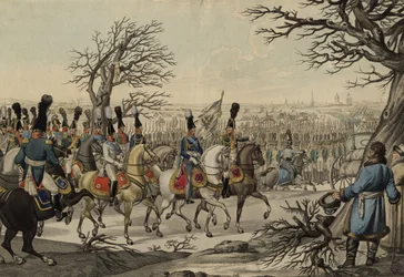 Zar Alexander I. und König Friedrich Wilhelm III. vor den Truppen, ca. 1813