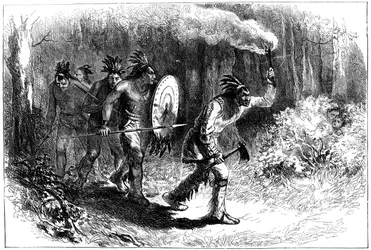 Tuscarora-Indianer verfolgen Flüchtlinge, spätes 17. - frühes 18. Jahrhundert, ca. 1880