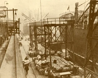 Entladen von Lebensmittelschiffen an den Royal Albert Docks, London
