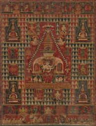 Ushnishavijaya auf dem Thron im Schoß einer Stupa, datiert 1510-19