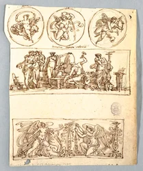 Venus an der Schmiede des Vulkan, Winter, Siege und drei Rundbilder, Putti als Elemente