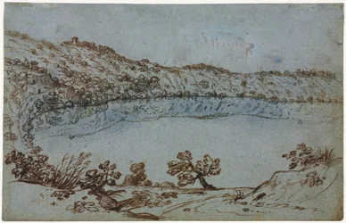 Blick auf den Nemisee (recto) Kleine Gruppe römischer Ruinen (verso)
