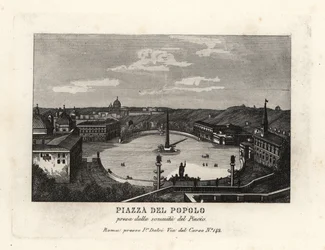 Ansicht der Piazza del Popolo mit einem ägyptischen Obelisken von Ramses II aus Heliopolis, vom Gipfel des Pincio-Hügels, Rom