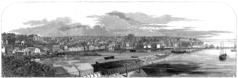 Ansicht der Stadt Auckland, Neuseeland, mit dem neuen Handelshafen, 1860