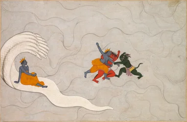 Vishnu kämpft gegen Madhu und Kaitabha, aus einem Markandeya Purana