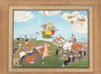 Vishnu als Varaha, der Eber-Avatar, tötet Banasur, einen Dämonengeneral, ca. 1800