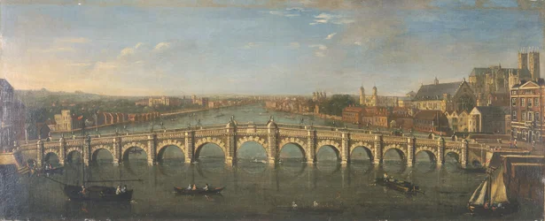 Westminster Bridge vom Fluss aus, Blick nach Süden, ca. 1750