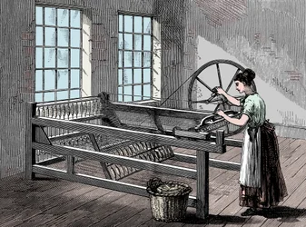 Frau an einer Spinning Jenny, ca. 1880