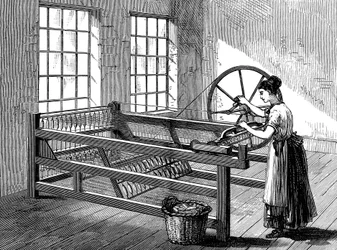 Frau benutzt eine Spinning Jenny, um 1880