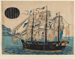 Holzschnitt - Niederländisches Segelboot mit VOC-Flagge