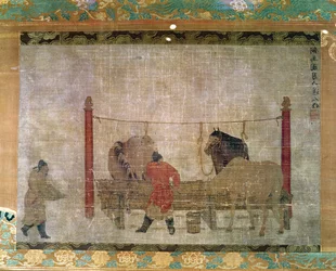 Hängende Darstellung von Stallknechten, die Pferde füttern, Tinte und Aquarell auf Seide, zugeschrieben Jen Jen-Far, chinesisch, 14. Jahrhundert