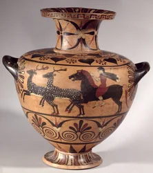 Hydria, Jagdszene, archaisch-griechisch, schwarzfigurige etruskisch-ionische Periode, ca. 540-530 v. Chr.