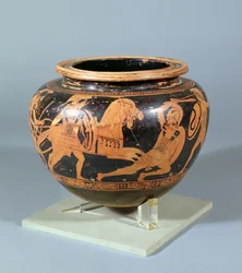 Mischschale (Dinos) dekoriert in Schwarz-Weiß-Relief mit heroischer Kampfszene, Werk des Altamura-Malers, 450 v. Chr.