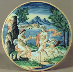 Teller mit Paris und Venus, von Giovanni-Battista da Faenza, 1563