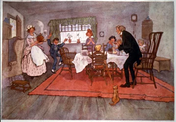 Ein Weihnachtsessen in England, Illustration von Will Owen, späte 19. Jahrhundert