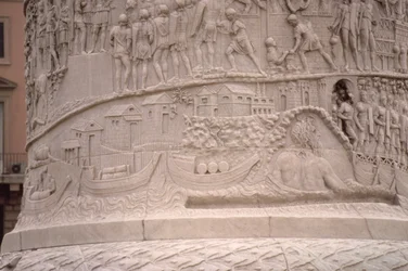 Ein römischer Hafen und der Bau eines römischen Lagers, von der Trajanssäule, 2. Jahrhundert n. Chr. (Detail)