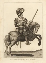 Ein Yeoman der Garde, der Königin Elizabeth I. auf einer Reise begleitet