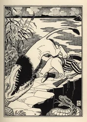 Ein Löwe, der den Baron von Münchhausen angreifen wollte, endete mit einem Krokodil. Illustration von William Strang (1859-1921) und JB Clark aus „Die Abenteuer des Baron von Münchhausen“ von Rudolf Erich Raspe (1736-1794) (1789)