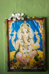 Ein Gemälde der elefantenköpfigen Gottheit Ganesh an der Wand eines Tempels im Dorf Kovil, Tirukovil, Sri Lanka. 29. Mai 2010. (Foto)