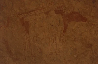 Algerien, Sahara-Wüste, Nationalpark Tassili-n-Ajjer, Fundstelle Sefar, Felsmalerei eines Stiers