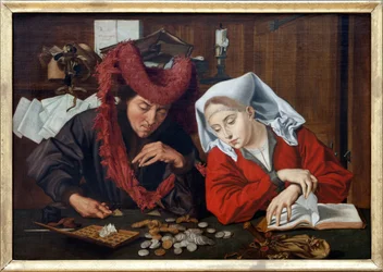 Ein Schöffe und seine Frau, eine moralisierende allegorische Szene des Alltagslebens oder unter einer Kerze, das Gewicht von Goldmünzen auf der Waage, entdeckt die Aufmerksamkeit für spirituelle Beschäftigungen, Öl auf Leinwand, Werkstatt von Marinus Claes