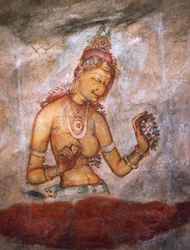 Apsaras, himmlische Nymphe, die Blumen anbietet, Fresko, befestigte Zitadelle von Sigiriya (UNESCO-Welterbeliste)