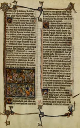 Artuslegende (Suche nach dem Heiligen Gral): Benoic jagt Sachsen und die Schlacht von Danablaise, zwei Illuminationen aus dem Manuskript Geschichte von Merlin, datiert auf das 13. Jahrhundert zwischen 1280-1290